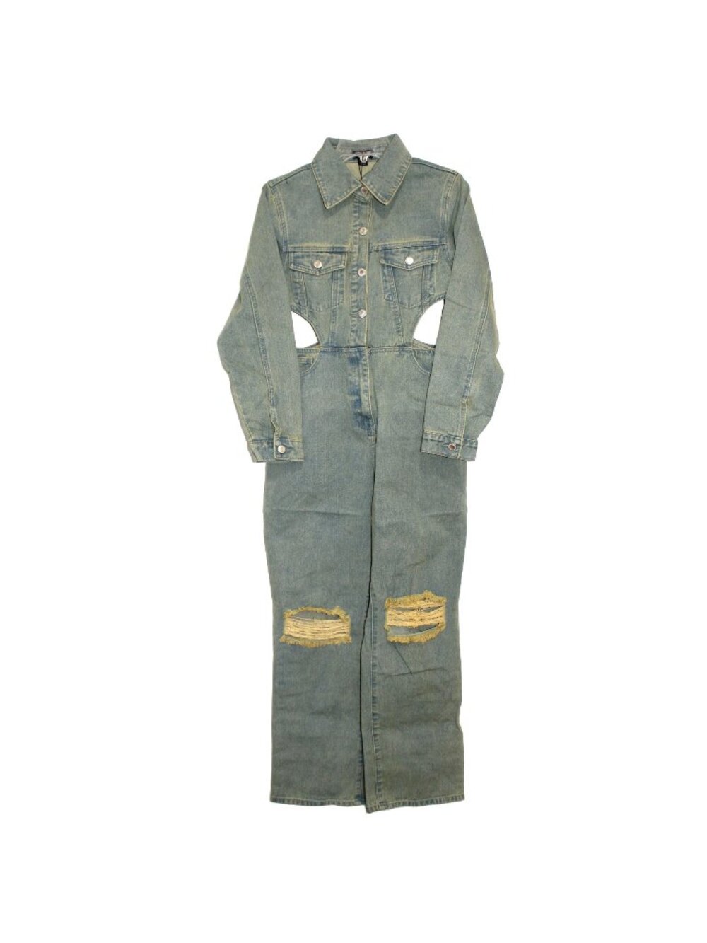 PrettyLittleThing Petite Cut-Out Denim Jumpsuit With Distressed Knees US 4/UK 8